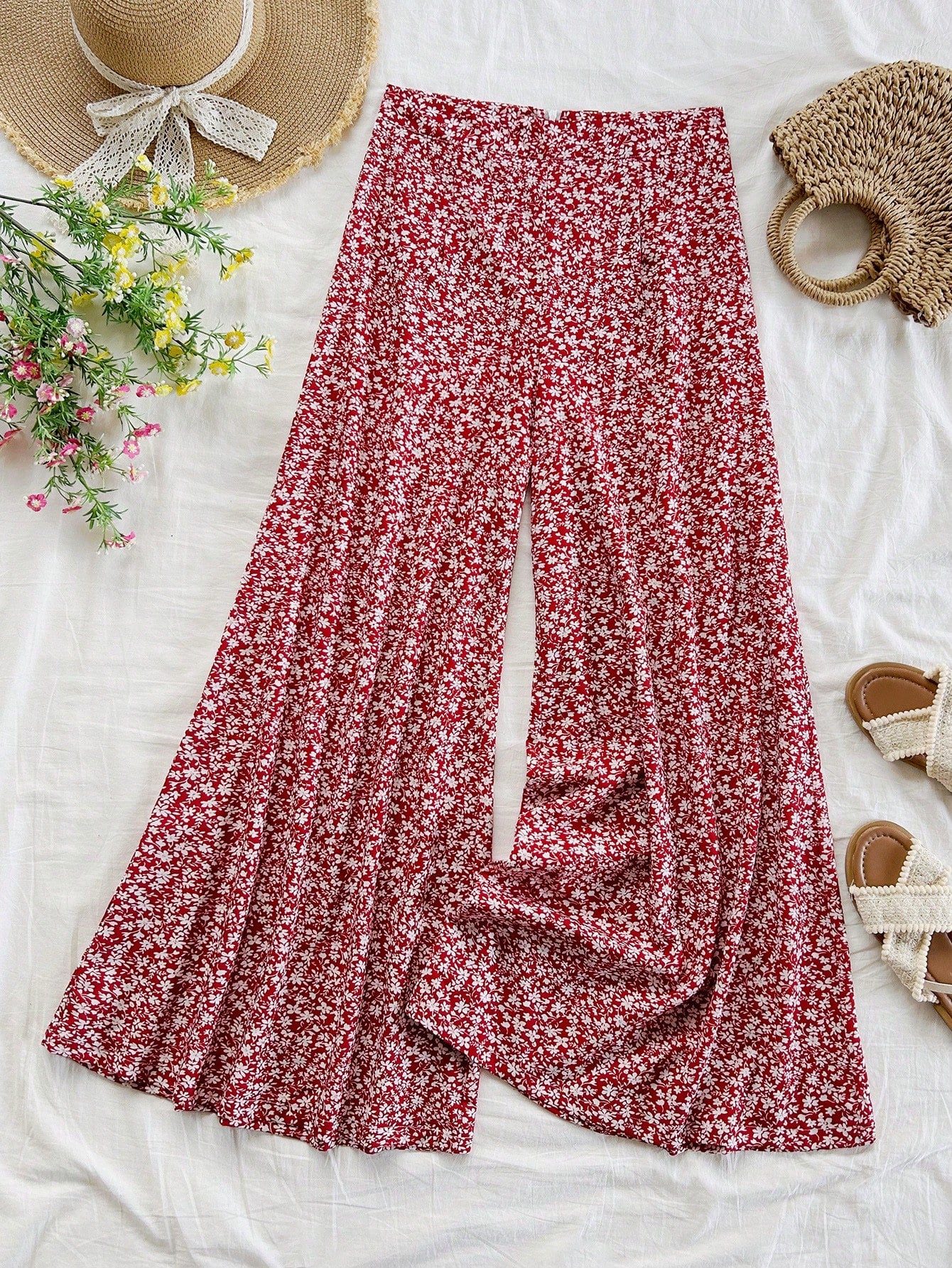 Soleia Spring Break Ditsy Floral Print High Waist Wide Leg Pants