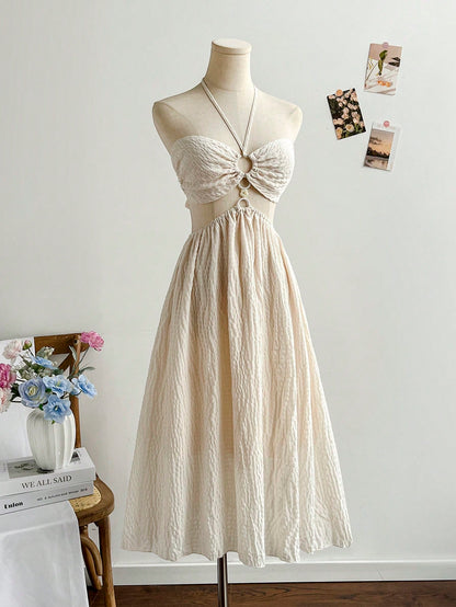 Soleia Vacation Casual Sexy Breezy Solid Color Backless Halter Neck Dress Vacation Beach White Summer