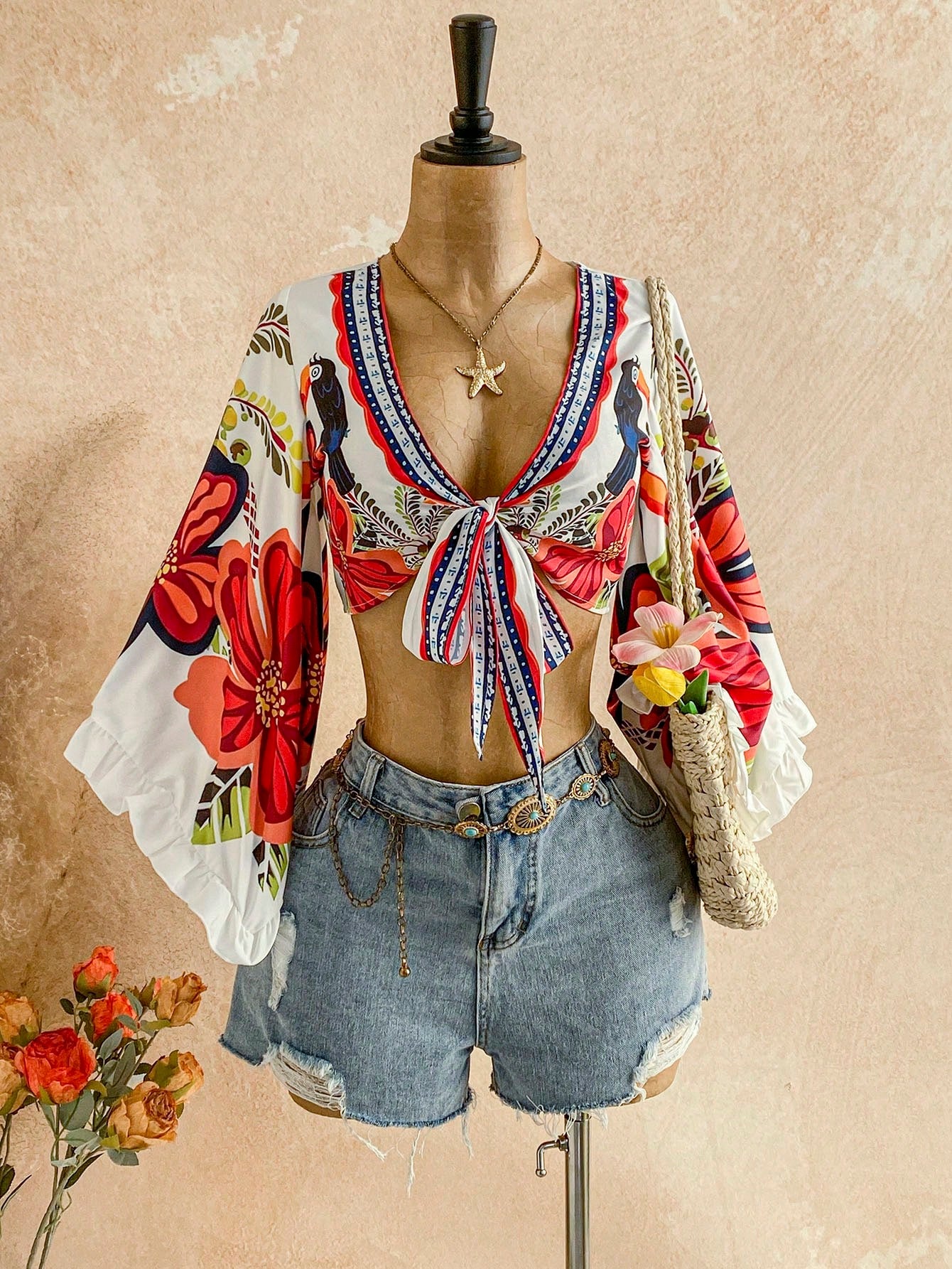 Soleia Women's Autumn Set Vacation Casual Tropical Vacation Tie-Front Flare Sleeve Ruffle Cuff Leopard Print Blouse Vacation Beach White Floral