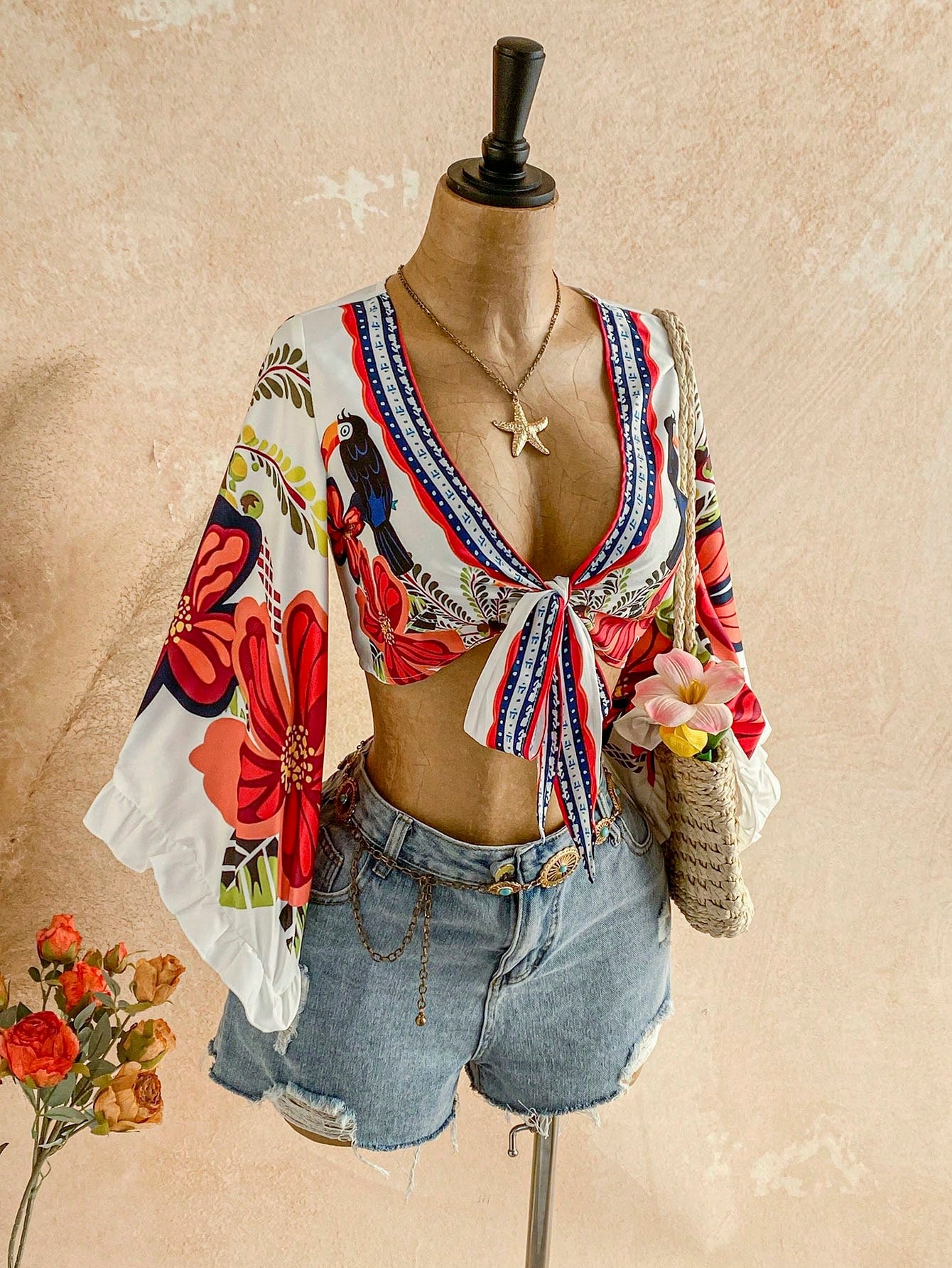 Soleia Women's Autumn Set Vacation Casual Tropical Vacation Tie-Front Flare Sleeve Ruffle Cuff Leopard Print Blouse Vacation Beach White Floral