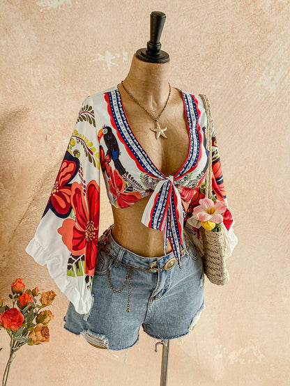 Soleia Women's Autumn Set Vacation Casual Tropical Vacation Tie-Front Flare Sleeve Ruffle Cuff Leopard Print Blouse Vacation Beach White Floral