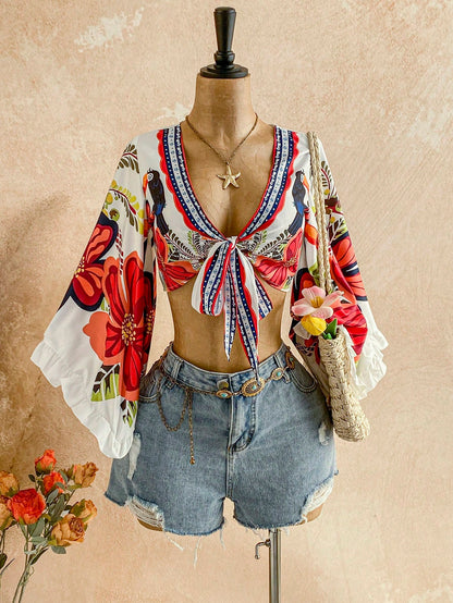 Soleia Women's Autumn Set Vacation Casual Tropical Vacation Tie-Front Flare Sleeve Ruffle Cuff Leopard Print Blouse Vacation Beach White Floral