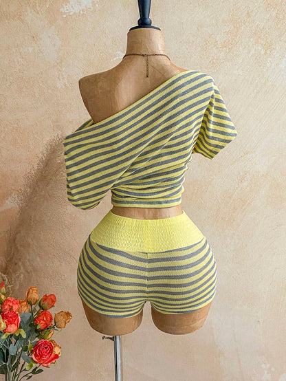 Soleia Women's Casual Tropical Mustard Yellow Asymmetric Collar Batwing Sleeve Top And Shorts 2 Pieces Set, Vacation Outfits Summer Beach