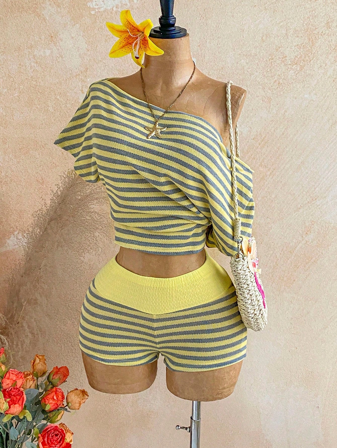 Soleia Women's Casual Tropical Mustard Yellow Asymmetric Collar Batwing Sleeve Top And Shorts 2 Pieces Set, Vacation Outfits Summer Beach