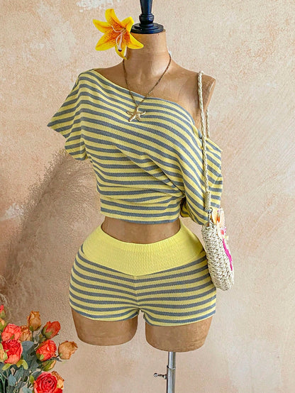 Soleia Women's Casual Tropical Mustard Yellow Asymmetric Collar Batwing Sleeve Top And Shorts 2 Pieces Set, Vacation Outfits Summer Beach