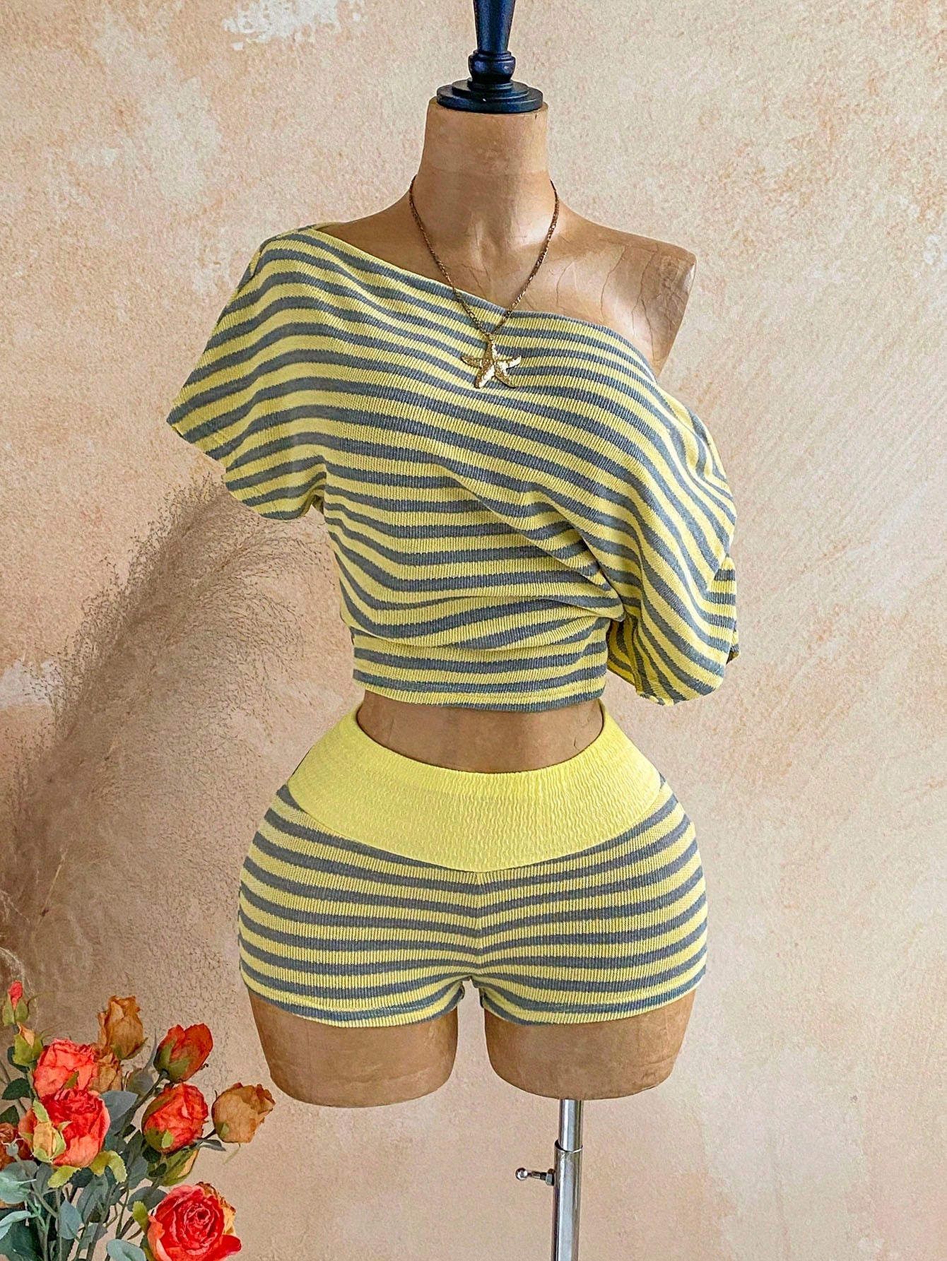 Soleia Women's Casual Tropical Mustard Yellow Asymmetric Collar Batwing Sleeve Top And Shorts 2 Pieces Set, Vacation Outfits Summer Beach