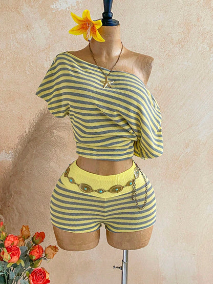 Soleia Women's Casual Tropical Mustard Yellow Asymmetric Collar Batwing Sleeve Top And Shorts 2 Pieces Set, Vacation Outfits Summer Beach
