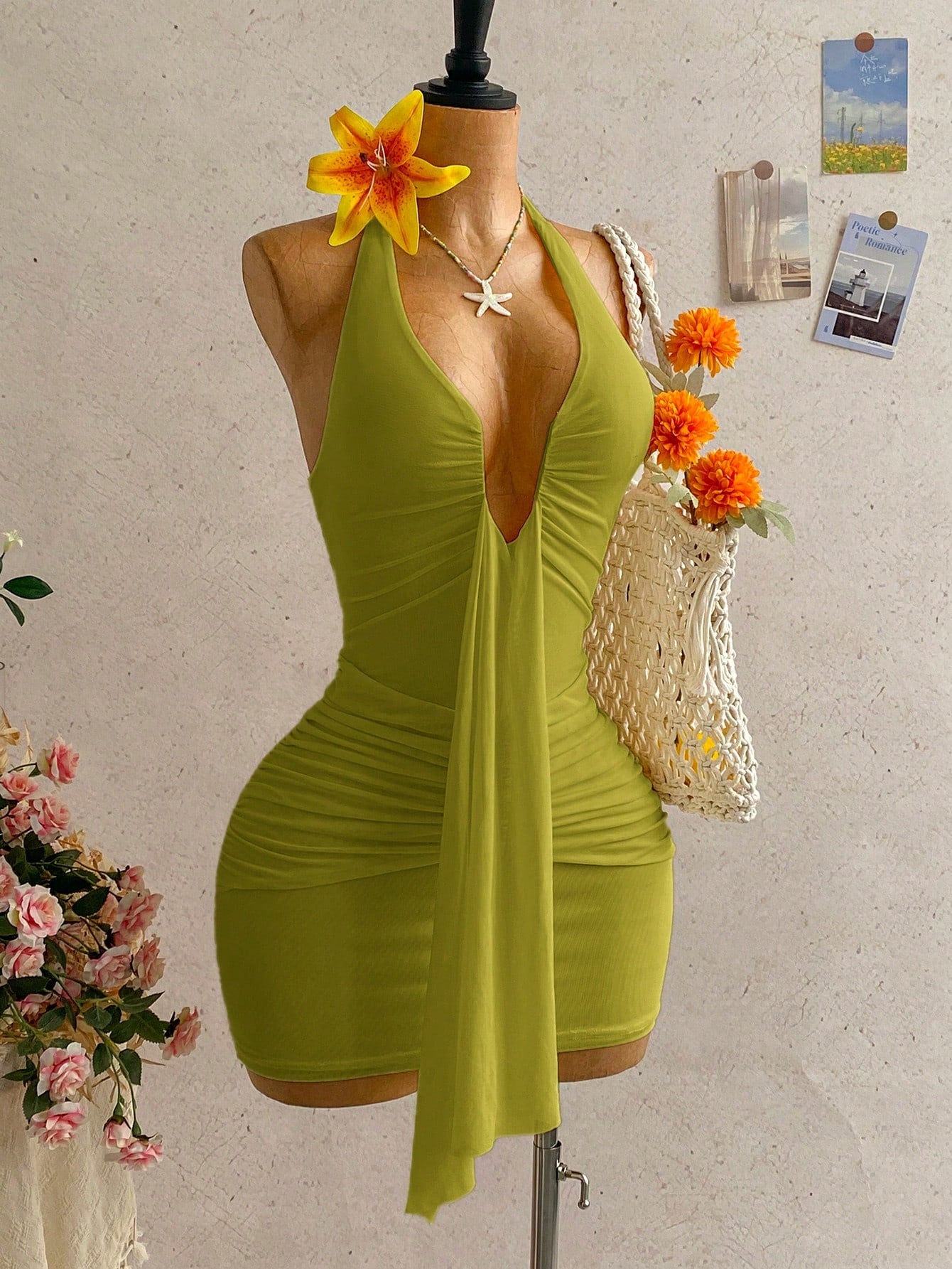 Soleia Women's Casual Vacation V-Neck Tie Halter Bow Ruched Mini Dress, Suitable For Beach, Cruise, City Music Festival,Summer Dresses Women