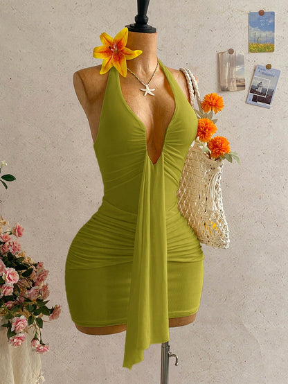 Soleia Women's Casual Vacation V-Neck Tie Halter Bow Ruched Mini Dress, Suitable For Beach, Cruise, City Music Festival,Summer Dresses Women
