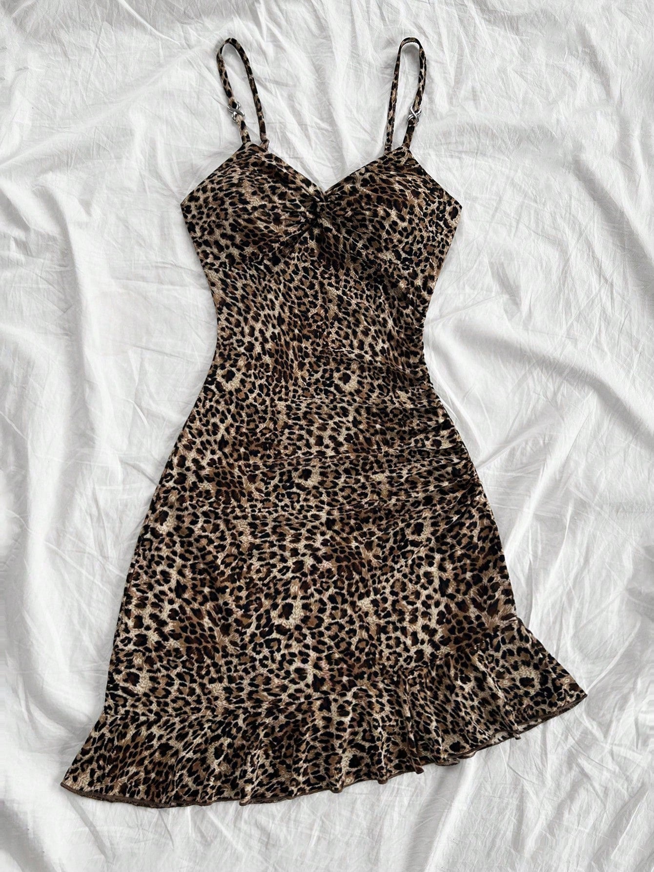 Soleia Women's Fashionable Sexy Leopard Print Twist Front Asymmetrical Ruffle Hem Bodycon Mini Dress, Suitable For Party No Chest Padding