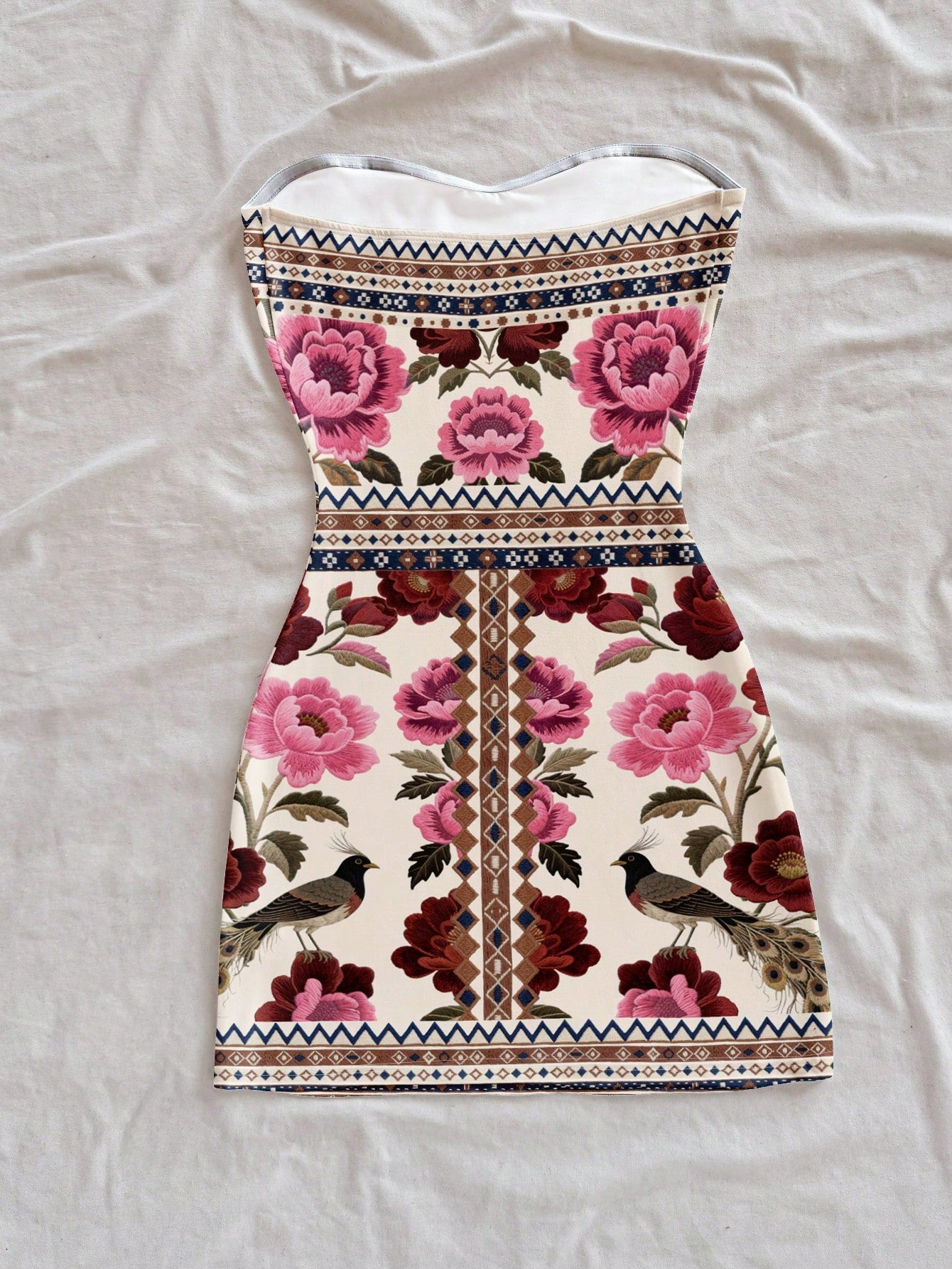 Soleia Women's Floral Print Bandeau Mini Dress,Beige Strapless Boho Holiday Vacation Dress,Cruise,Music Festival&Casual Flowery Outfit No Chest Padding