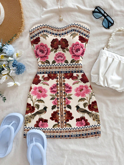 Soleia Women's Floral Print Bandeau Mini Dress,Beige Strapless Boho Holiday Vacation Dress,Cruise,Music Festival&Casual Flowery Outfit No Chest Padding