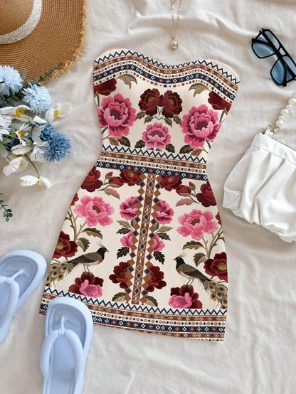Soleia Women's Floral Print Bandeau Mini Dress,Beige Strapless Boho Holiday Vacation Dress,Cruise,Music Festival&Casual Flowery Outfit No Chest Padding