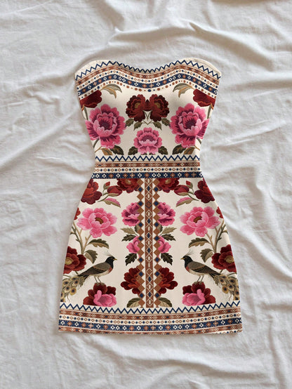 Soleia Women's Floral Print Bandeau Mini Dress,Beige Strapless Boho Holiday Vacation Dress,Cruise,Music Festival&Casual Flowery Outfit No Chest Padding