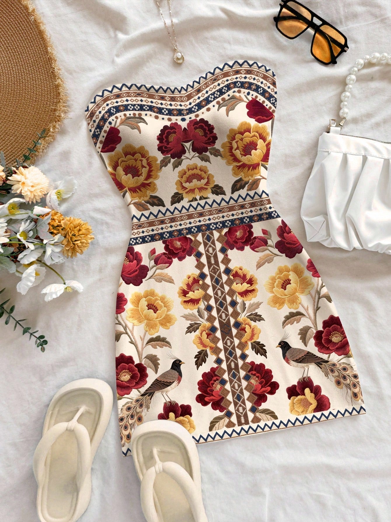 Soleia Women's Floral Print Bandeau Mini Dress,Beige Strapless Boho Holiday Vacation Dress,Cruise,Music Festival&Casual Flowery Outfit No Chest Padding