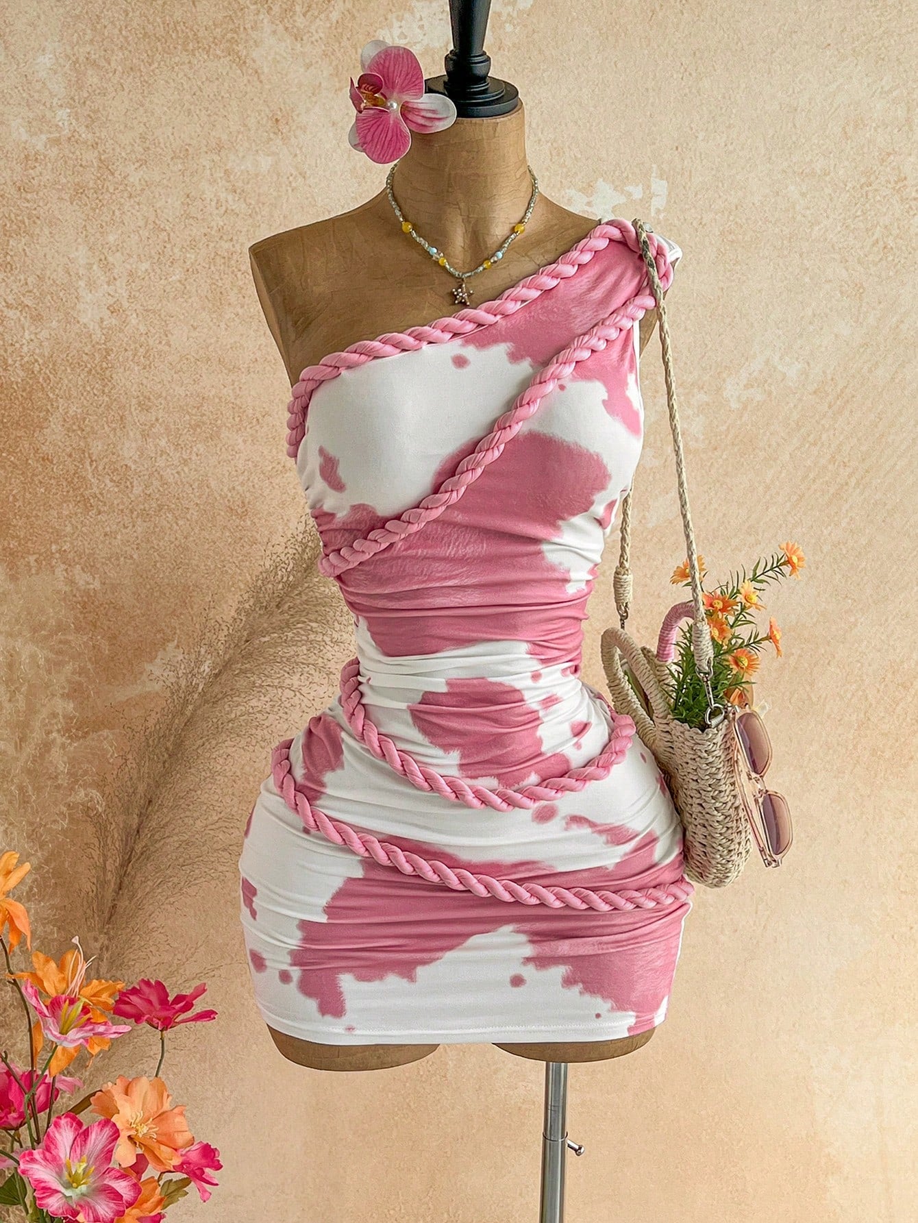 Soleia Women's Holiday Club Night Sunset Gradient White Rhinestone Floral Ribbon Mini Dress, Beach, Cruise, Island Getaway, Boho Cowgirl Sexy Vacation