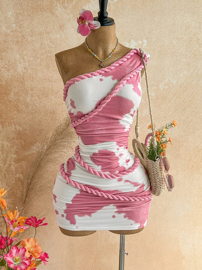 Soleia Women's Holiday Club Night Sunset Gradient White Rhinestone Floral Ribbon Mini Dress, Beach, Cruise, Island Getaway, Boho Cowgirl Sexy Vacation