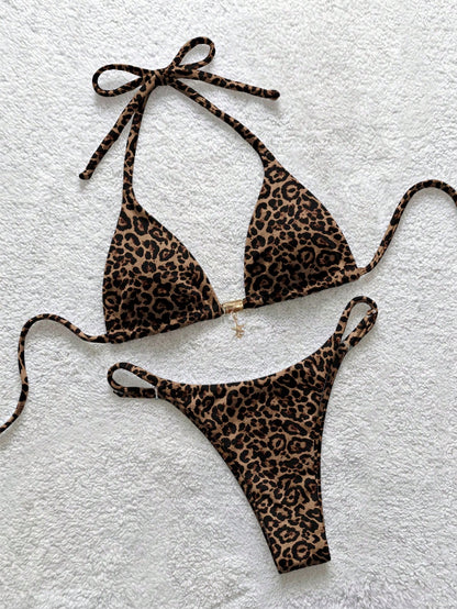 Soleia Women's Leopard Print Halter Bikini Set, Suitable For Summer