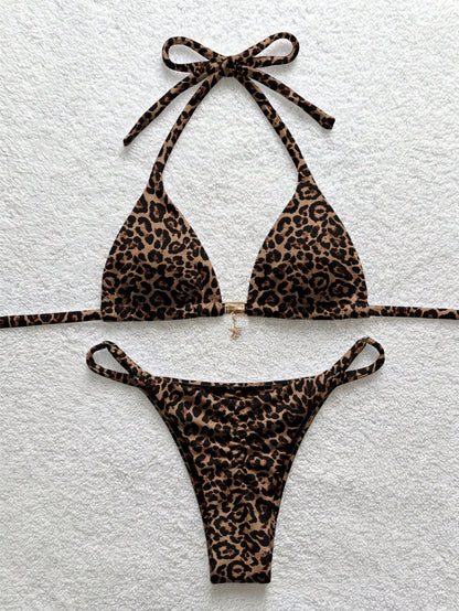 Soleia Women's Leopard Print Halter Bikini Set, Suitable For Summer