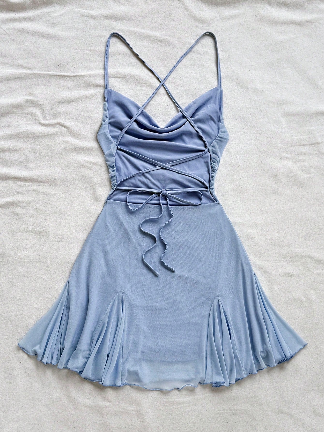 Soleia Women's Light Blue Summer Spaghetti Strap Mini Dress,Draped Neck,Backless,Bowknot,Fishtail Bodycon Mesh Dress,No Chest Padding