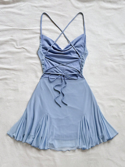 Soleia Women's Light Blue Summer Spaghetti Strap Mini Dress,Draped Neck,Backless,Bowknot,Fishtail Bodycon Mesh Dress,No Chest Padding