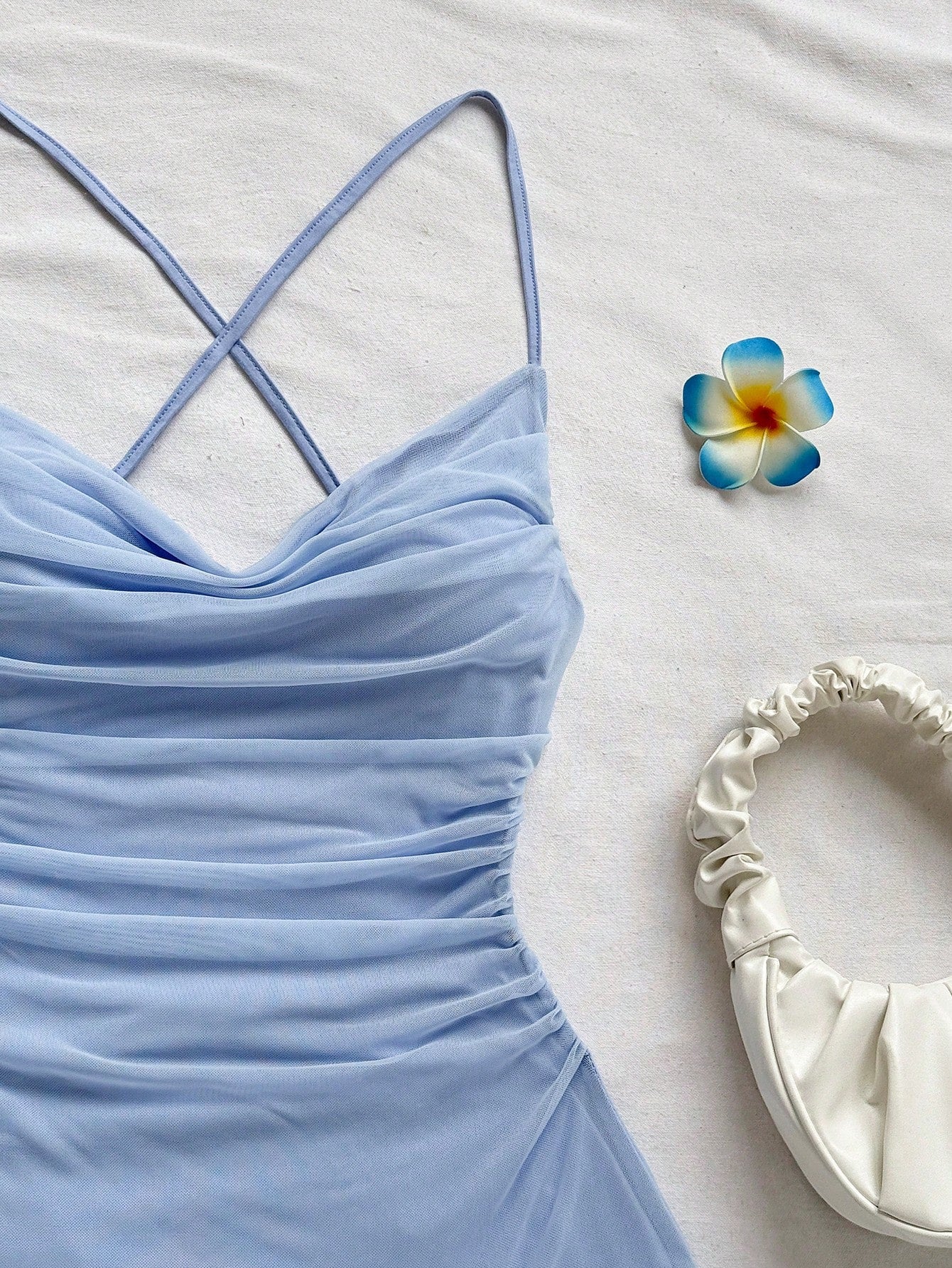 Soleia Women's Light Blue Summer Spaghetti Strap Mini Dress,Draped Neck,Backless,Bowknot,Fishtail Bodycon Mesh Dress,No Chest Padding