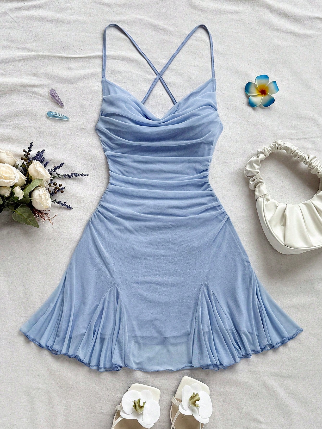 Soleia Women's Light Blue Summer Spaghetti Strap Mini Dress,Draped Neck,Backless,Bowknot,Fishtail Bodycon Mesh Dress,No Chest Padding