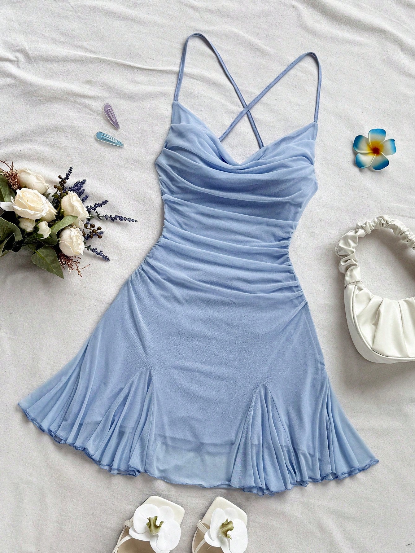 Soleia Women's Light Blue Summer Spaghetti Strap Mini Dress,Draped Neck,Backless,Bowknot,Fishtail Bodycon Mesh Dress,No Chest Padding