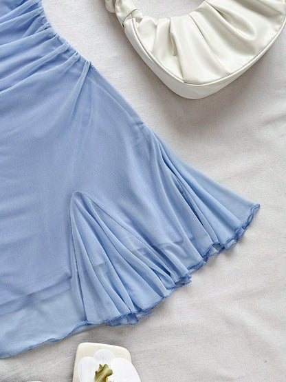 Soleia Women's Light Blue Summer Spaghetti Strap Mini Dress,Draped Neck,Backless,Bowknot,Fishtail Bodycon Mesh Dress,No Chest Padding