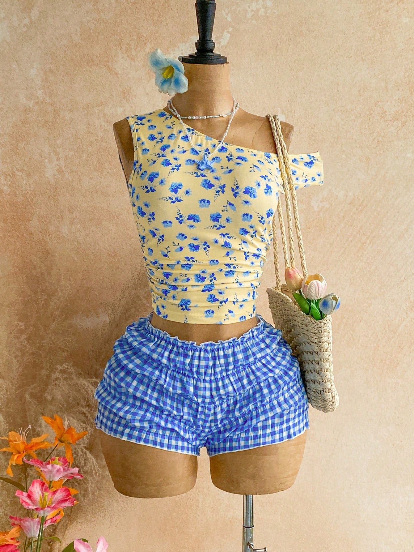 Soleia Women's Printed Asymmetrical Shoulder Top Plaid Shorts 2 Pieces Set Holiday Beach Vacation Blue Floral Blue And White Summer Cute Tropical