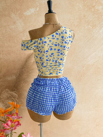 Soleia Women's Printed Asymmetrical Shoulder Top Plaid Shorts 2 Pieces Set Holiday Beach Vacation Blue Floral Blue And White Summer Cute Tropical