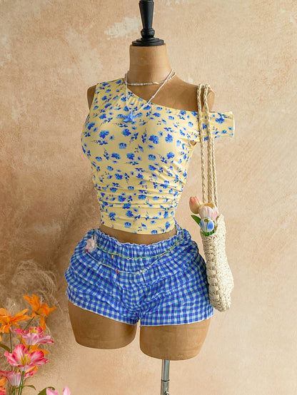 Soleia Women's Printed Asymmetrical Shoulder Top Plaid Shorts 2 Pieces Set Holiday Beach Vacation Blue Floral Blue And White Summer Cute Tropical
