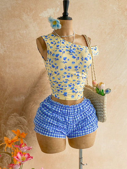 Soleia Women's Printed Asymmetrical Shoulder Top Plaid Shorts 2 Pieces Set Holiday Beach Vacation Blue Floral Blue And White Summer Cute Tropical