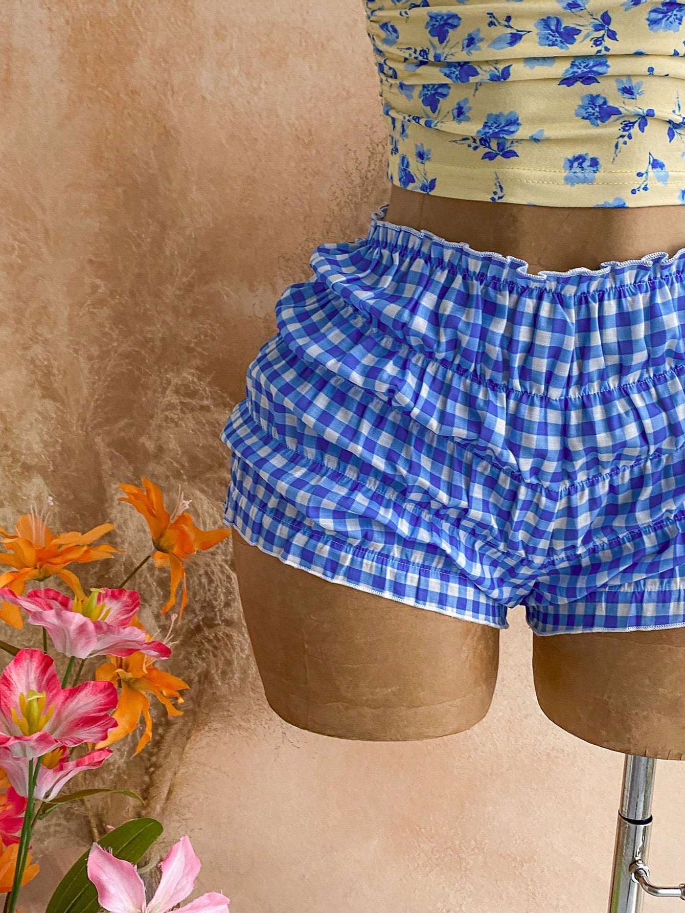 Soleia Women's Printed Asymmetrical Shoulder Top Plaid Shorts 2 Pieces Set Holiday Beach Vacation Blue Floral Blue And White Summer Cute Tropical