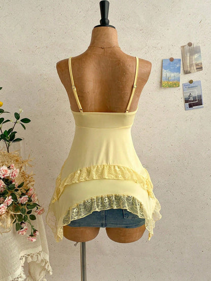 Soleia Women's Solid Color Contrast Lace Asymmetric Hem Camisole Yellow Tops For Women Elegant