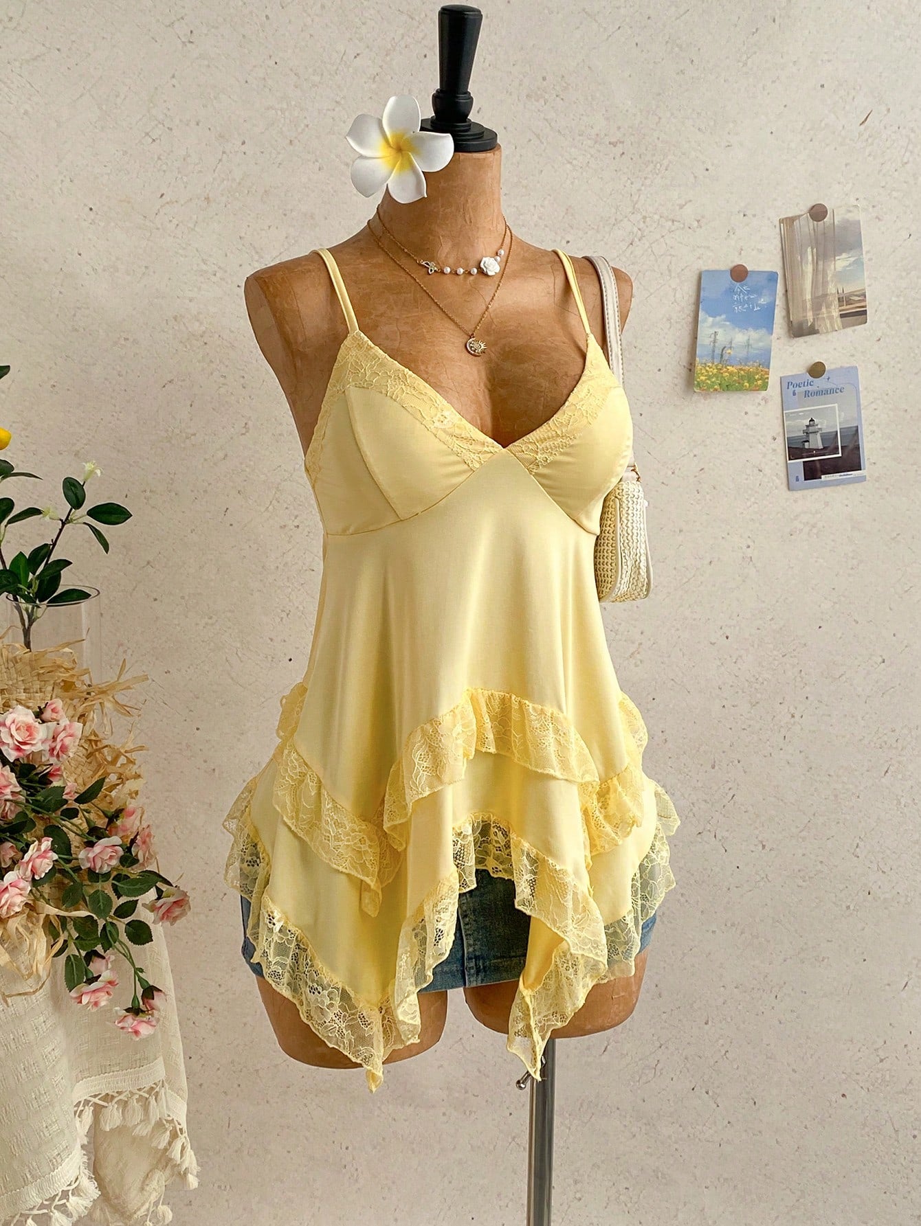 Soleia Women's Solid Color Contrast Lace Asymmetric Hem Camisole Yellow Tops For Women Elegant