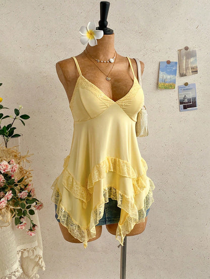 Soleia Women's Solid Color Contrast Lace Asymmetric Hem Camisole Yellow Tops For Women Elegant