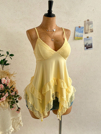 Soleia Women's Solid Color Contrast Lace Asymmetric Hem Camisole Yellow Tops For Women Elegant