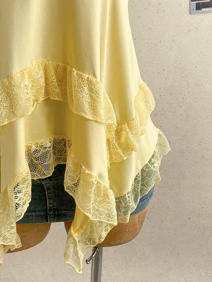 Soleia Women's Solid Color Contrast Lace Asymmetric Hem Camisole Yellow Tops For Women Elegant