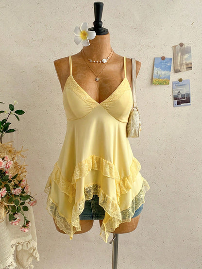 Soleia Women's Solid Color Contrast Lace Asymmetric Hem Camisole Yellow Tops For Women Elegant