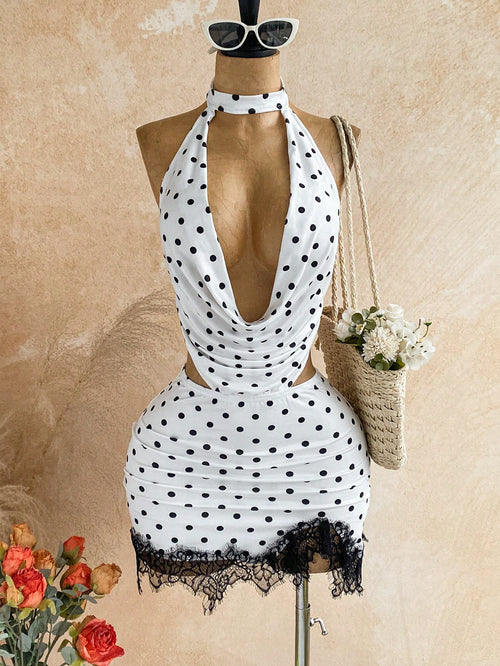 Soleia Women's Summer Sexy White With Black Polka Dots Print Lace Patchwork Ruffle Neck Backless Draped Neck Mini Dress Night Out