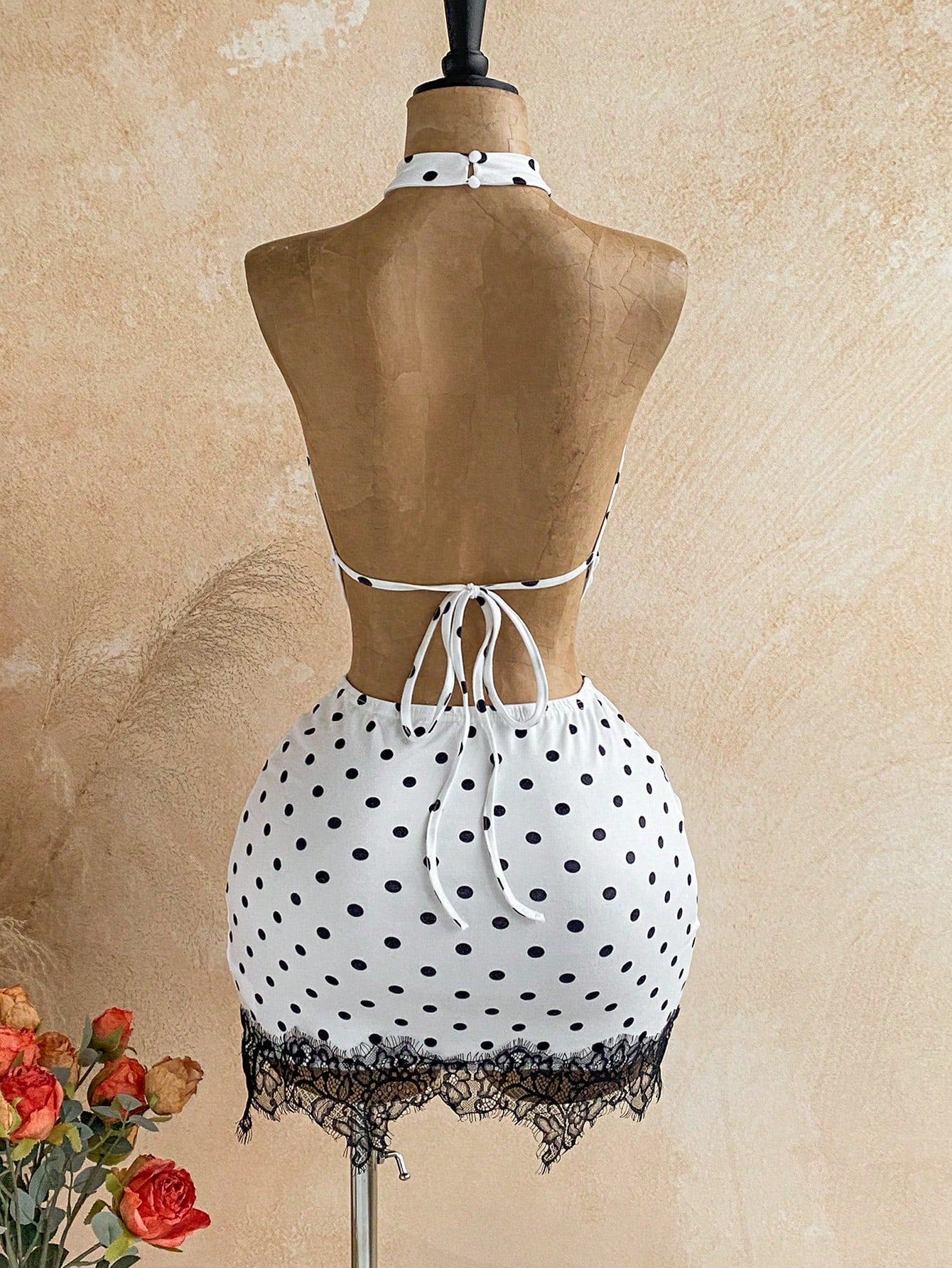 Soleia Women's Summer Sexy White With Black Polka Dots Print Lace Patchwork Ruffle Neck Backless Draped Neck Mini Dress Night Out