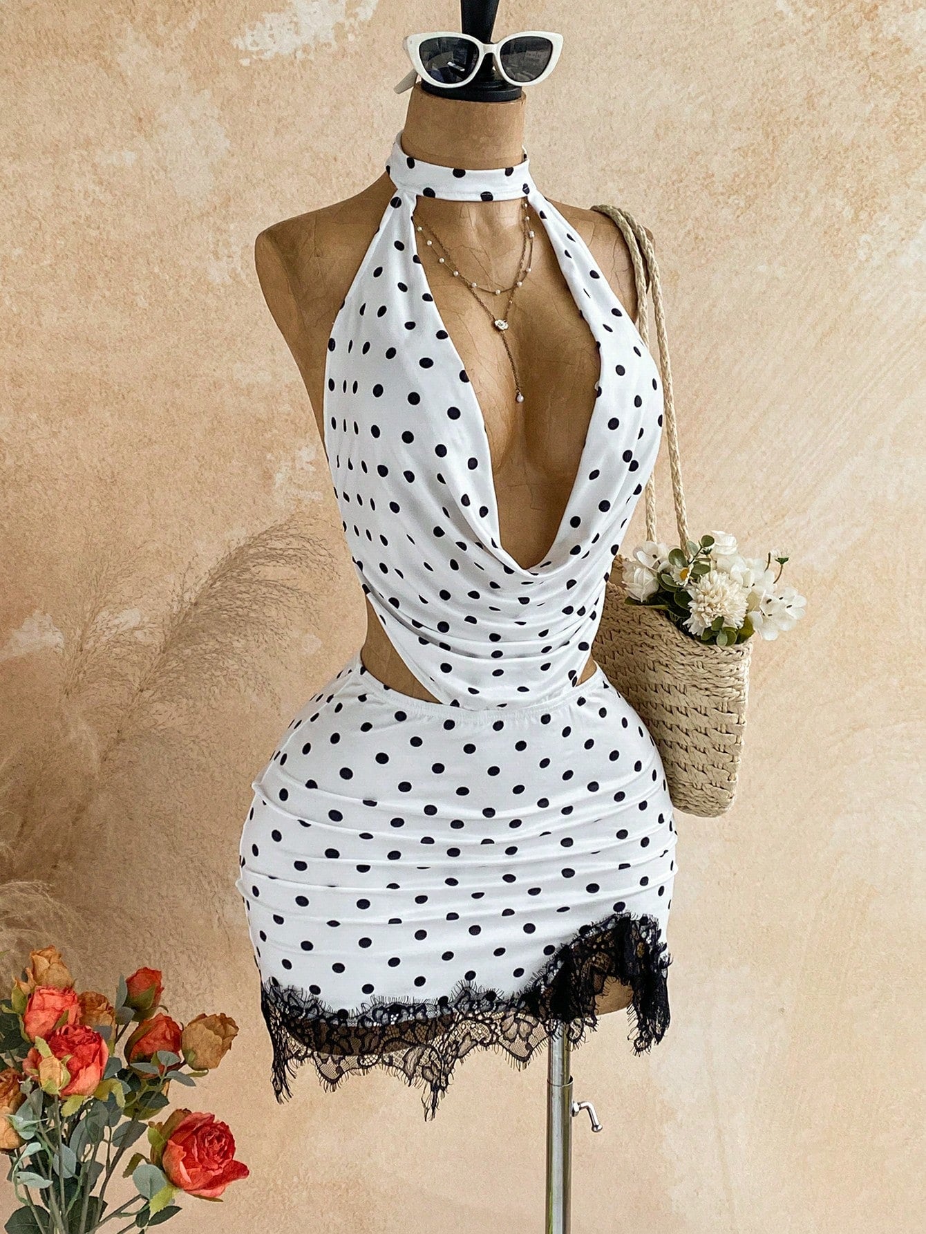 Soleia Women's Summer Sexy White With Black Polka Dots Print Lace Patchwork Ruffle Neck Backless Draped Neck Mini Dress Night Out