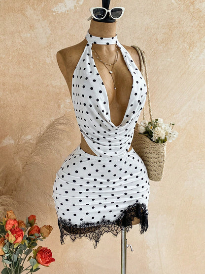 Soleia Women's Summer Sexy White With Black Polka Dots Print Lace Patchwork Ruffle Neck Backless Draped Neck Mini Dress Night Out