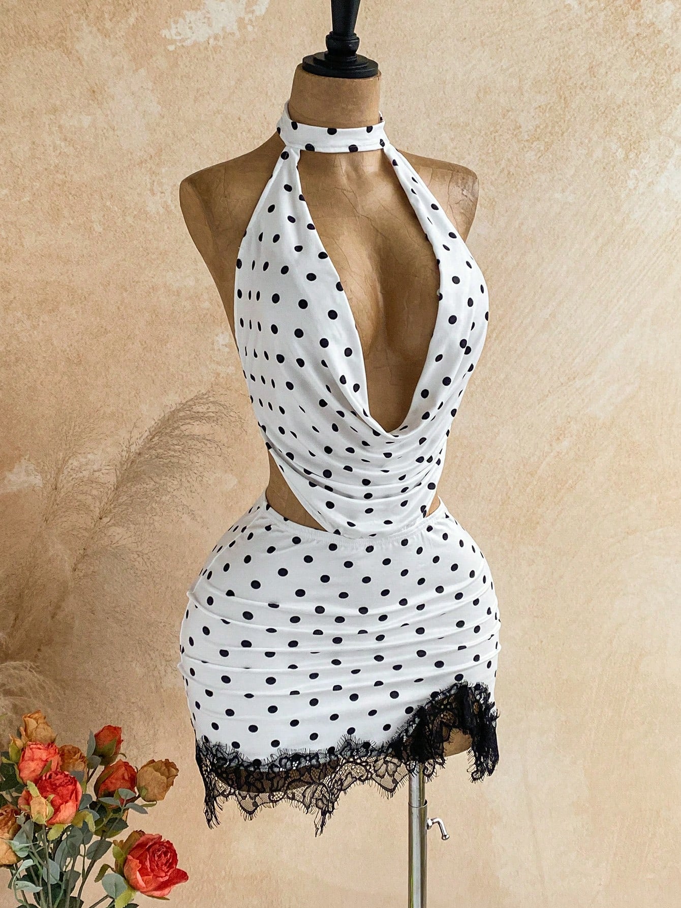 Soleia Women's Summer Sexy White With Black Polka Dots Print Lace Patchwork Ruffle Neck Backless Draped Neck Mini Dress Night Out