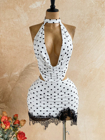 Soleia Women's Summer Sexy White With Black Polka Dots Print Lace Patchwork Ruffle Neck Backless Draped Neck Mini Dress Night Out
