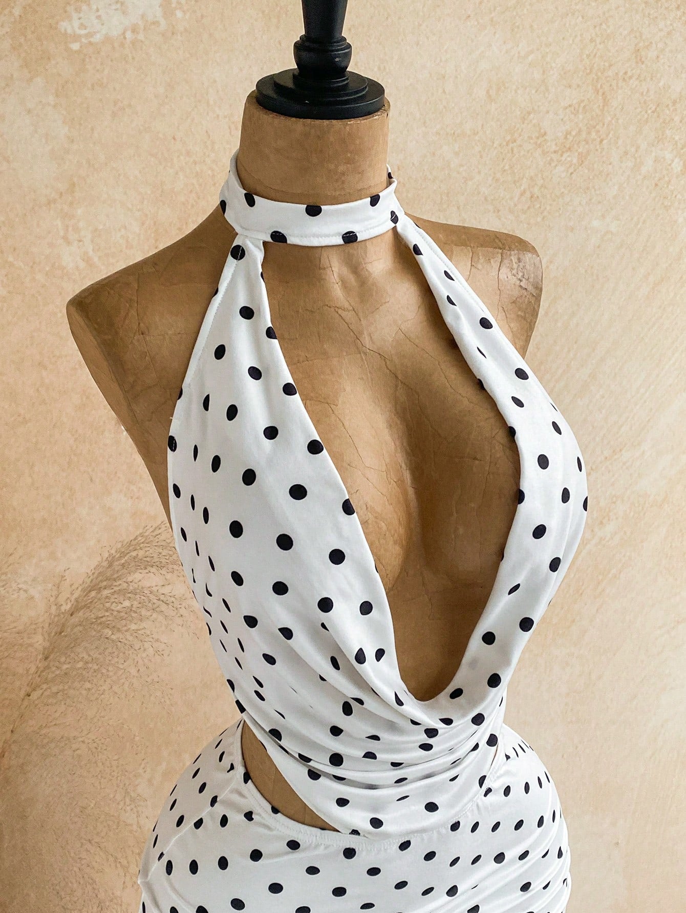Soleia Women's Summer Sexy White With Black Polka Dots Print Lace Patchwork Ruffle Neck Backless Draped Neck Mini Dress Night Out
