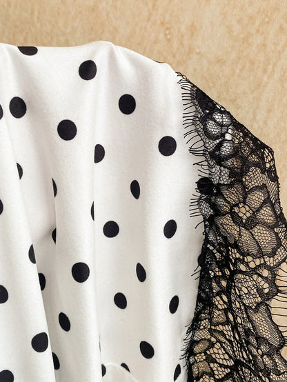 Soleia Women's Summer Sexy White With Black Polka Dots Print Lace Patchwork Ruffle Neck Backless Draped Neck Mini Dress Night Out