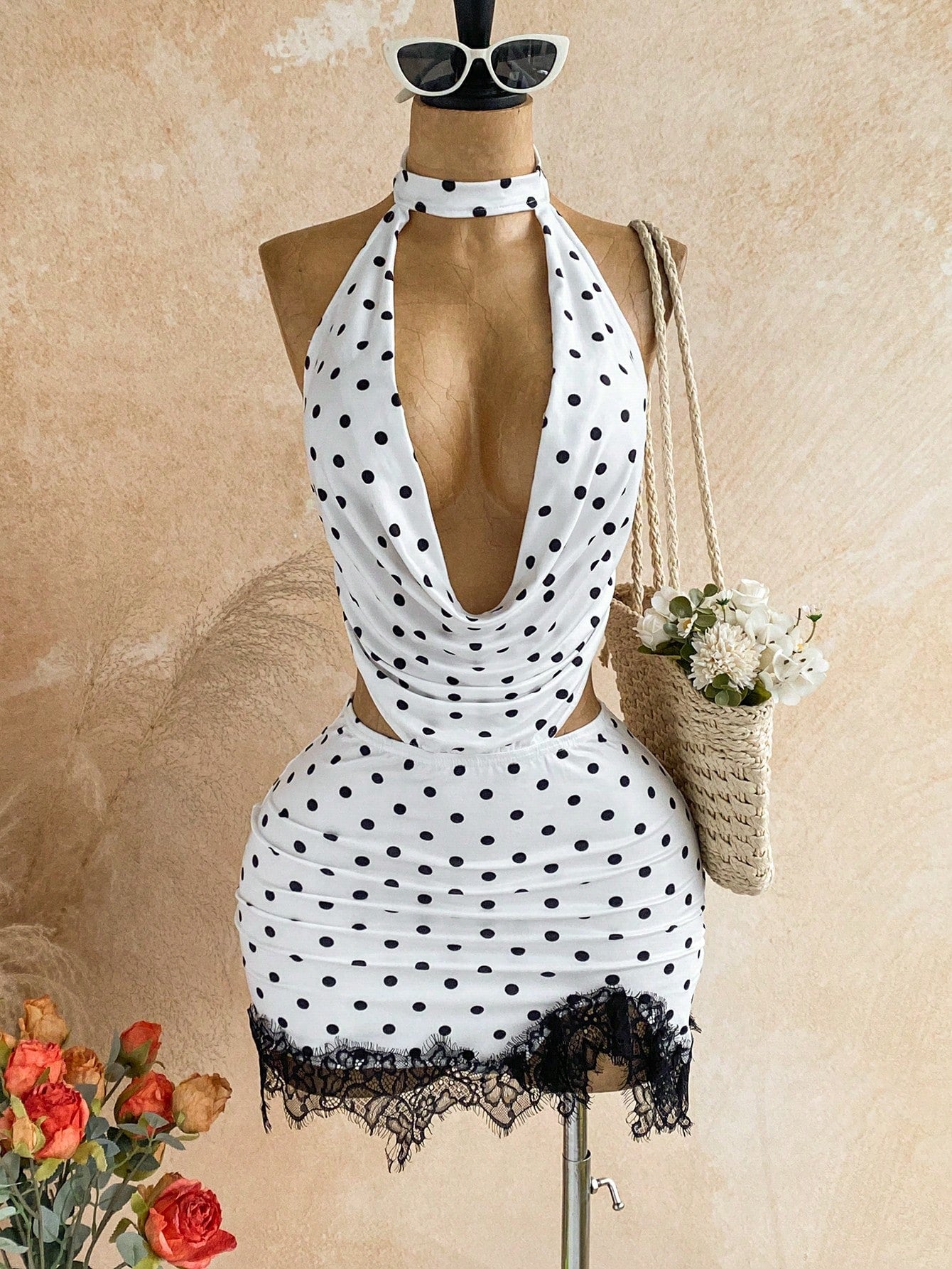 Soleia Women's Summer Sexy White With Black Polka Dots Print Lace Patchwork Ruffle Neck Backless Draped Neck Mini Dress Night Out