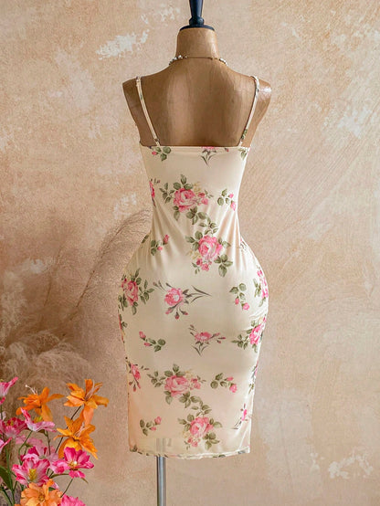 Soleia Women's V-Neck Tie Waist Sleeveless Lace Patchwork Floral Print Mid-Length Dress, Summer,Dresses For Women Summer,No Breast Pads